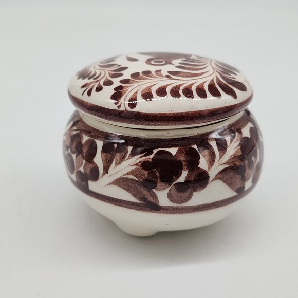 Mexican Hand Painted Ceramic Trinket Box With Floral & Bird Brown 3" Diameter - Picture 4 of 7